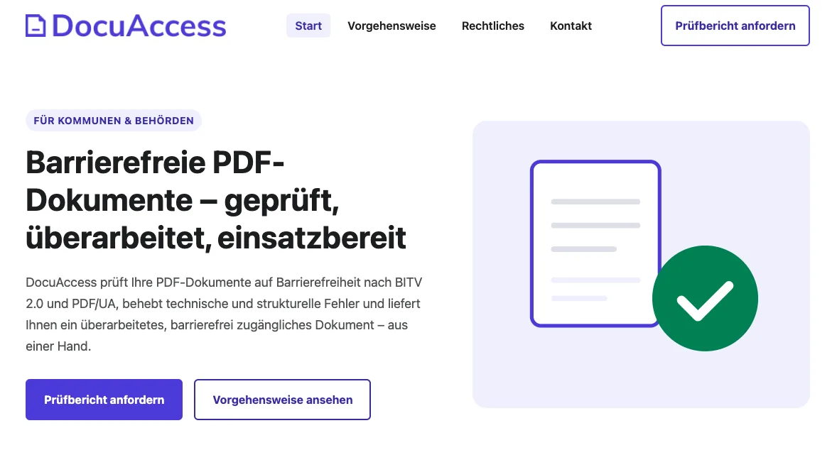 Startseite der DocuAccess-Website mit Headline zu barrierefreien PDF-Dokumenten